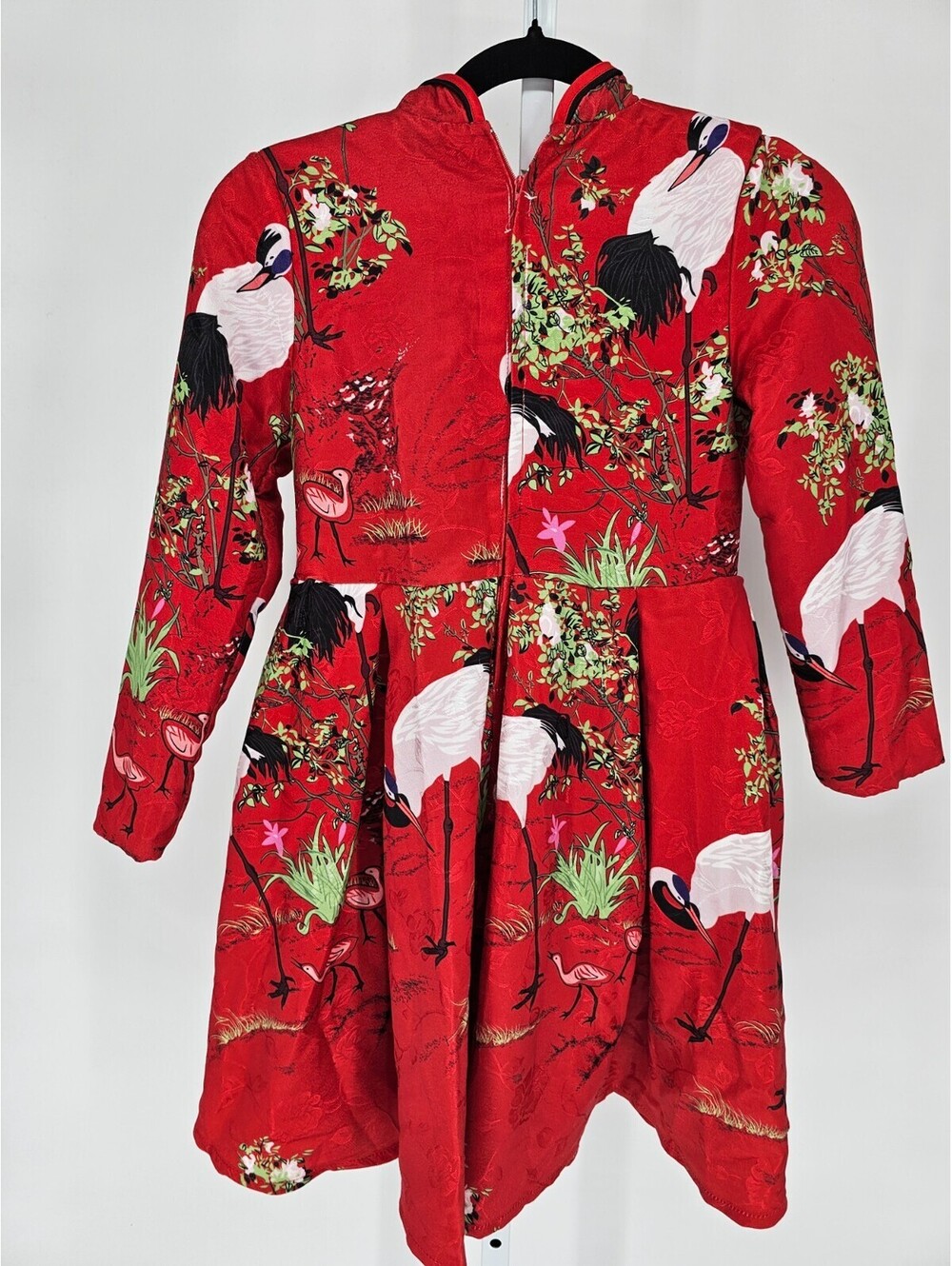 Vintage Girls Sz L red Crane Print Qi Pao Cheongsam Dress Long Sleeve - Picture 5 of 5